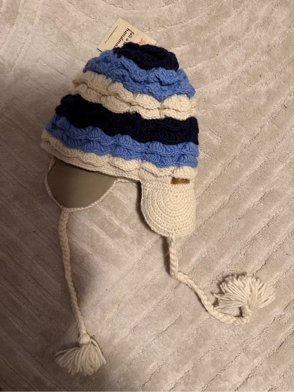 Crocheted Earflap Hat in Cream, Light Blue & Navy